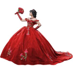 imageYoujiayi Sparkly Floral Quinceanera Dresses Puffy Lace Tulle Sweet 16 Dress with Train Off Shoulder Long Ball GownRed