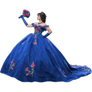 imageYoujiayi Sparkly Floral Quinceanera Dresses Puffy Lace Tulle Sweet 16 Dress with Train Off Shoulder Long Ball GownRoyal Blue