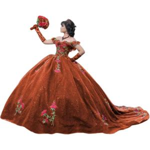imageYoujiayi Sparkly Floral Quinceanera Dresses Puffy Lace Tulle Sweet 16 Dress with Train Off Shoulder Long Ball GownRust