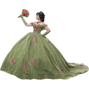 imageYoujiayi Sparkly Floral Quinceanera Dresses Puffy Lace Tulle Sweet 16 Dress with Train Off Shoulder Long Ball GownSage Green