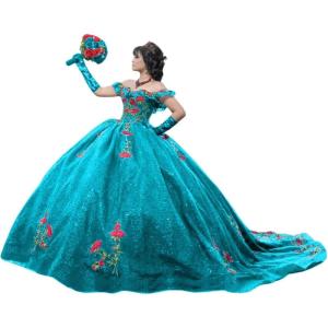 imageYoujiayi Sparkly Floral Quinceanera Dresses Puffy Lace Tulle Sweet 16 Dress with Train Off Shoulder Long Ball GownTurquoise