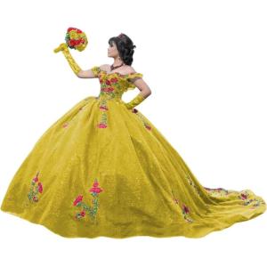 imageYoujiayi Sparkly Floral Quinceanera Dresses Puffy Lace Tulle Sweet 16 Dress with Train Off Shoulder Long Ball GownYellow Dark