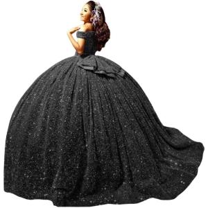 imageYoujiayi Sparkly Sequin Quinceanera Dresses with Train Off Shoulder Sweet 16 Dress with Bow Princess Long Ball Gown for WomenBlack