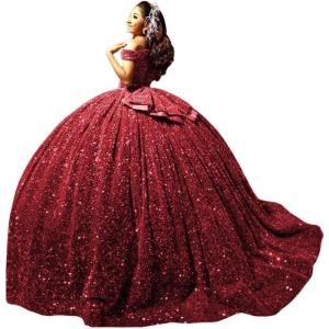imageYoujiayi Sparkly Sequin Quinceanera Dresses with Train Off Shoulder Sweet 16 Dress with Bow Princess Long Ball Gown for WomenBurgundy