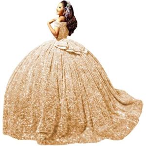 imageYoujiayi Sparkly Sequin Quinceanera Dresses with Train Off Shoulder Sweet 16 Dress with Bow Princess Long Ball Gown for WomenChampagne