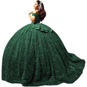imageYoujiayi Sparkly Sequin Quinceanera Dresses with Train Off Shoulder Sweet 16 Dress with Bow Princess Long Ball Gown for WomenDeep Green