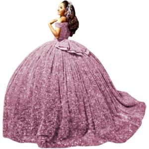 imageYoujiayi Sparkly Sequin Quinceanera Dresses with Train Off Shoulder Sweet 16 Dress with Bow Princess Long Ball Gown for WomenDusty Pink