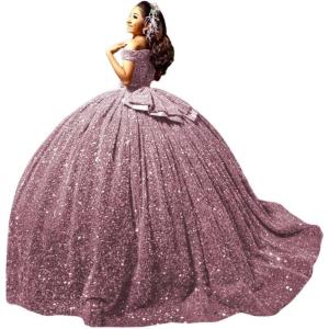 imageYoujiayi Sparkly Sequin Quinceanera Dresses with Train Off Shoulder Sweet 16 Dress with Bow Princess Long Ball Gown for WomenDusty Rose