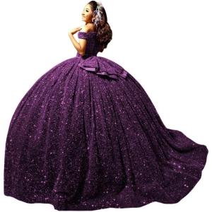 imageYoujiayi Sparkly Sequin Quinceanera Dresses with Train Off Shoulder Sweet 16 Dress with Bow Princess Long Ball Gown for WomenGrape