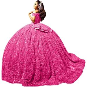 imageYoujiayi Sparkly Sequin Quinceanera Dresses with Train Off Shoulder Sweet 16 Dress with Bow Princess Long Ball Gown for WomenHot Pink
