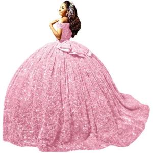 imageYoujiayi Sparkly Sequin Quinceanera Dresses with Train Off Shoulder Sweet 16 Dress with Bow Princess Long Ball Gown for WomenLight Pink