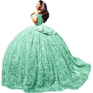 imageYoujiayi Sparkly Sequin Quinceanera Dresses with Train Off Shoulder Sweet 16 Dress with Bow Princess Long Ball Gown for WomenMint