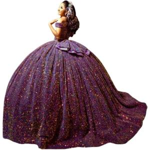 imageYoujiayi Sparkly Sequin Quinceanera Dresses with Train Off Shoulder Sweet 16 Dress with Bow Princess Long Ball Gown for WomenMulberry