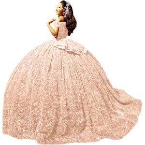 imageYoujiayi Sparkly Sequin Quinceanera Dresses with Train Off Shoulder Sweet 16 Dress with Bow Princess Long Ball Gown for WomenPeach