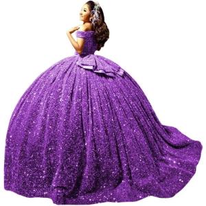 imageYoujiayi Sparkly Sequin Quinceanera Dresses with Train Off Shoulder Sweet 16 Dress with Bow Princess Long Ball Gown for WomenPurple
