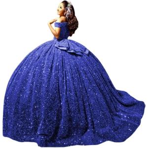 imageYoujiayi Sparkly Sequin Quinceanera Dresses with Train Off Shoulder Sweet 16 Dress with Bow Princess Long Ball Gown for WomenRoyal Blue