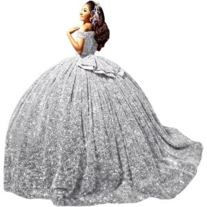 imageYoujiayi Sparkly Sequin Quinceanera Dresses with Train Off Shoulder Sweet 16 Dress with Bow Princess Long Ball Gown for WomenSilver