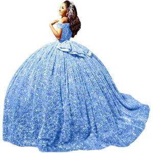 imageYoujiayi Sparkly Sequin Quinceanera Dresses with Train Off Shoulder Sweet 16 Dress with Bow Princess Long Ball Gown for WomenSky Blue