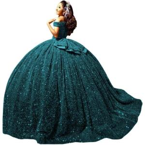 imageYoujiayi Sparkly Sequin Quinceanera Dresses with Train Off Shoulder Sweet 16 Dress with Bow Princess Long Ball Gown for WomenTeal