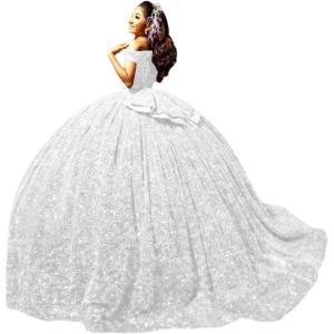 imageYoujiayi Sparkly Sequin Quinceanera Dresses with Train Off Shoulder Sweet 16 Dress with Bow Princess Long Ball Gown for WomenWhite