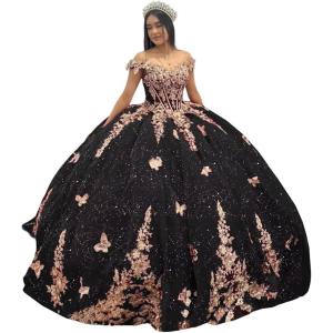 imageYoujiayi Sparkly Velvet Quinceanera Dresses Off Shoulder Sequin Sweet 16 Dress with Train Gold Lace Appliques Long Ball GownBlacksparkly