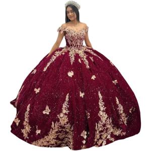 imageYoujiayi Sparkly Velvet Quinceanera Dresses Off Shoulder Sequin Sweet 16 Dress with Train Gold Lace Appliques Long Ball GownBurgundysparkly