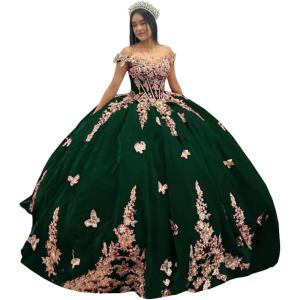 imageYoujiayi Sparkly Velvet Quinceanera Dresses Off Shoulder Sequin Sweet 16 Dress with Train Gold Lace Appliques Long Ball GownDark Green