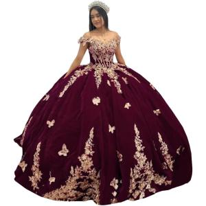 imageYoujiayi Sparkly Velvet Quinceanera Dresses Off Shoulder Sequin Sweet 16 Dress with Train Gold Lace Appliques Long Ball GownDeep Burgundy
