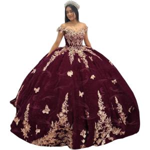 imageYoujiayi Sparkly Velvet Quinceanera Dresses Off Shoulder Sequin Sweet 16 Dress with Train Gold Lace Appliques Long Ball GownDeepburgundybird