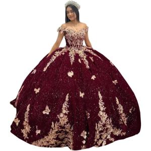 imageYoujiayi Sparkly Velvet Quinceanera Dresses Off Shoulder Sequin Sweet 16 Dress with Train Gold Lace Appliques Long Ball GownDeepburgundysparkly