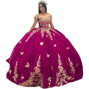 imageYoujiayi Sparkly Velvet Quinceanera Dresses Off Shoulder Sequin Sweet 16 Dress with Train Gold Lace Appliques Long Ball GownFuchsia