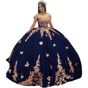 imageYoujiayi Sparkly Velvet Quinceanera Dresses Off Shoulder Sequin Sweet 16 Dress with Train Gold Lace Appliques Long Ball GownNavy