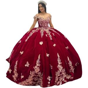 imageYoujiayi Sparkly Velvet Quinceanera Dresses Off Shoulder Sequin Sweet 16 Dress with Train Gold Lace Appliques Long Ball GownRed