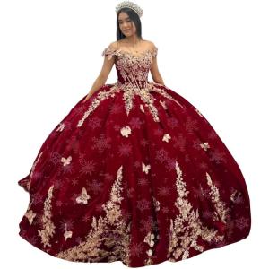 imageYoujiayi Sparkly Velvet Quinceanera Dresses Off Shoulder Sequin Sweet 16 Dress with Train Gold Lace Appliques Long Ball GownRedsnow