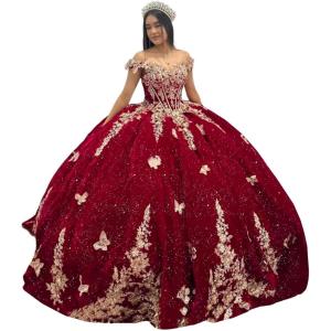 imageYoujiayi Sparkly Velvet Quinceanera Dresses Off Shoulder Sequin Sweet 16 Dress with Train Gold Lace Appliques Long Ball GownRedsparkly