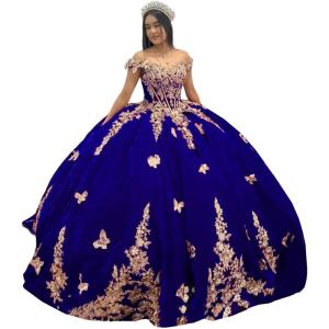 imageYoujiayi Sparkly Velvet Quinceanera Dresses Off Shoulder Sequin Sweet 16 Dress with Train Gold Lace Appliques Long Ball GownRoyal Blue