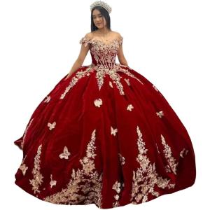imageYoujiayi Sparkly Velvet Quinceanera Dresses Off Shoulder Sequin Sweet 16 Dress with Train Gold Lace Appliques Long Ball GownSt05