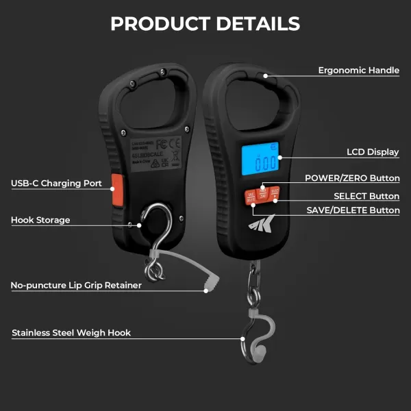 KastKing Fish Scale ToughTide USB Charging Fishing Scale 65lb Capacity UltraThin Digital Fish Scale LCD Display Ergonomic Handle Fish Scales Digital Weight Fishing Accessories for MenClassic Black