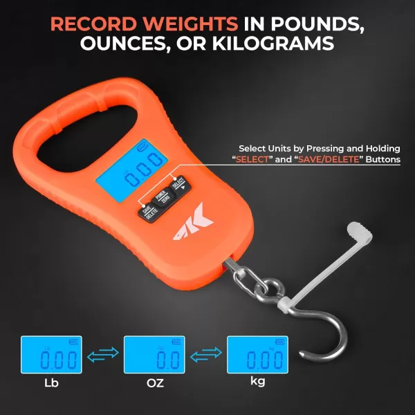 KastKing Fish Scale ToughTide USB Charging Fishing Scale 65lb Capacity UltraThin Digital Fish Scale LCD Display Ergonomic Handle Fish Scales Digital Weight Fishing Accessories for MenBright Orange