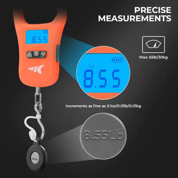 KastKing Fish Scale with Lip Gripper ToughTide USB Charging Fishing Scale Builtin Measuring Tape 65lb Capacity UltraThin Digital Fish Scale LCD Display Ergonomic Handle Fishing AccessoriesScale  Lip GripperOrange