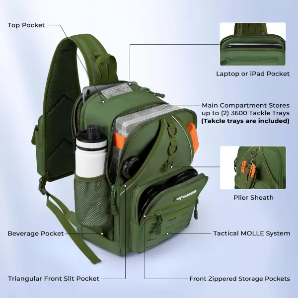 KastKing Karryall Fishing Sling Tackle Bag with 2 Tackle Trays Tactical Fishing Tackle Storage Bag Fishing Gear StorageArmy Green