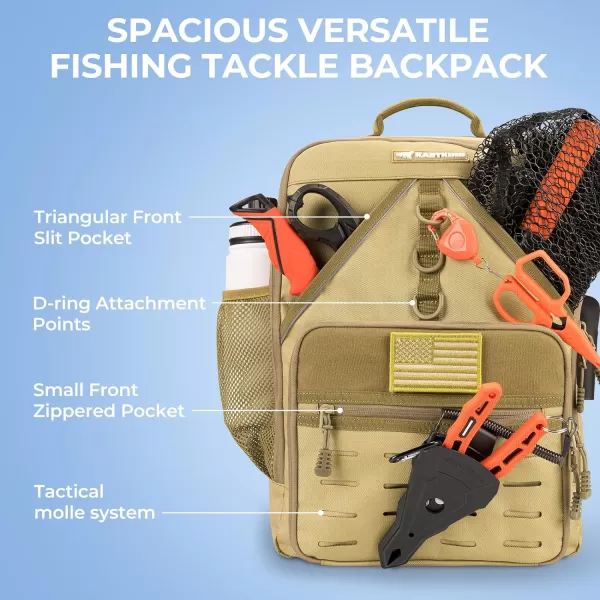 KastKing Karryall Medium Fishing Tackle Daily Backpack Large Storage Waterresistant Fishing Bag Store Fishing Gear and Equipment for Fishing Hiking Outdoor SportingKhaki 4 Tackle Trays Included