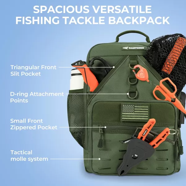 KastKing Karryall Medium Fishing Tackle Daily Backpack Large Storage Waterresistant Fishing Bag Store Fishing Gear and Equipment for Fishing Hiking Outdoor SportingArmy Green 4 Tackle Trays Included