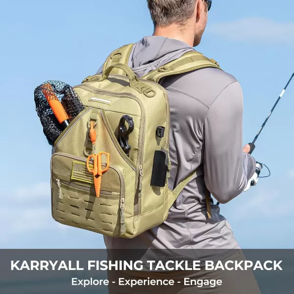 KastKing Karryall Medium Fishing Tackle Daily Backpack Large Storage Waterresistant Fishing Bag Store Fishing Gear and Equipment for Fishing Hiking Outdoor SportingKhaki 4 Tackle Trays Included