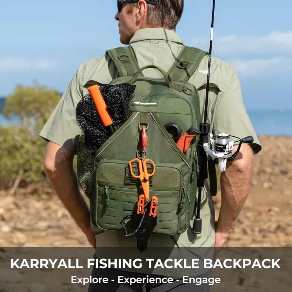 KastKing Karryall Medium Fishing Tackle Daily Backpack Large Storage Waterresistant Fishing Bag Store Fishing Gear and Equipment for Fishing Hiking Outdoor SportingArmy Green 4 Tackle Trays Included