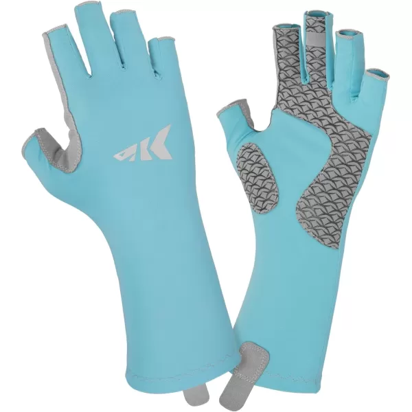 KastKing Sol Armis Pro Fishing Gloves UPF 50 Sun Protection 34 Fingerless Gloves QuickDry Extended Cuff UV Protection Gloves for Outdoor Kayaking Rowing Paddling Canoeing HuntingLight Blue