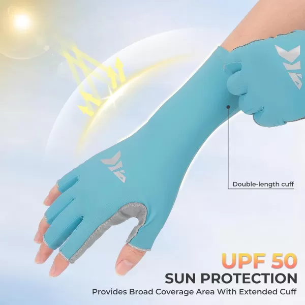 KastKing Sol Armis Pro Fishing Gloves UPF 50 Sun Protection 34 Fingerless Gloves QuickDry Extended Cuff UV Protection Gloves for Outdoor Kayaking Rowing Paddling Canoeing HuntingLight Blue