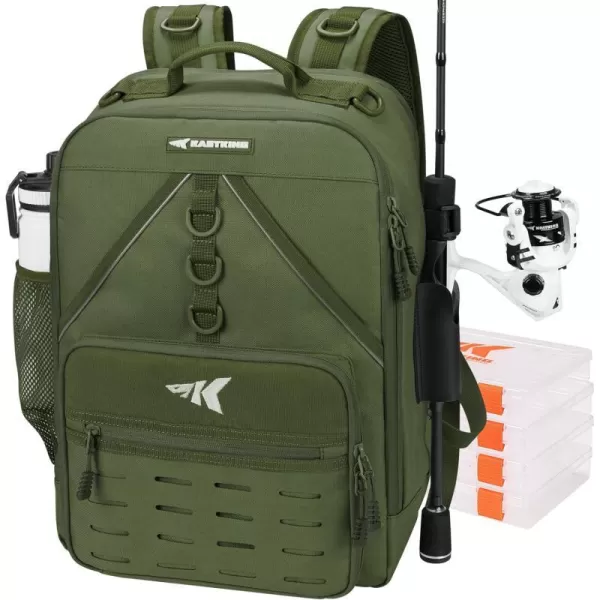 KastKing Karryall Medium Fishing Tackle Daily Backpack Large Storage Waterresistant Fishing Bag Store Fishing Gear and Equipment for Fishing Hiking Outdoor SportingArmy Green 4 Tackle Trays Included