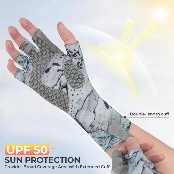 KastKing San Rafael Fishing Gloves UPF 50 Sun Protection 12 Fingerless Gloves QuickDry Extended Cuff UV Protection Gloves for Outdoor Kayaking Rowing Paddling Canoeing HuntingPrym1 stream White