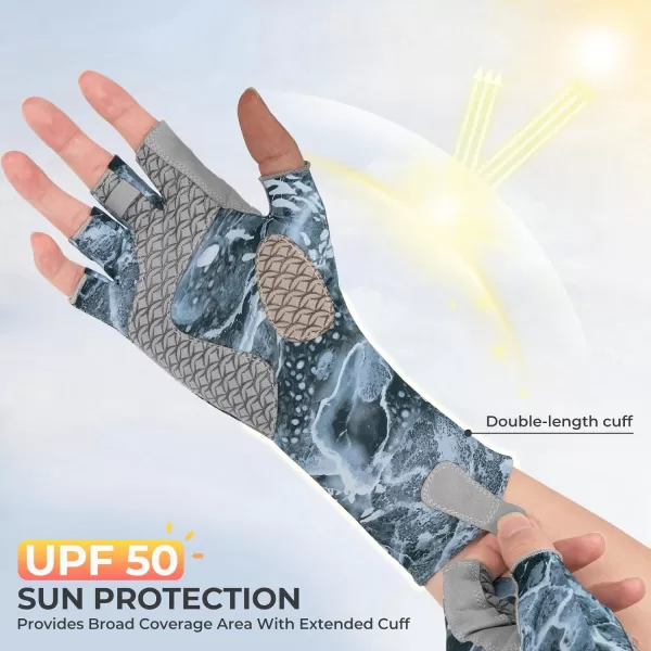 KastKing San Rafael Fishing Gloves UPF 50 Sun Protection 12 Fingerless Gloves QuickDry Extended Cuff UV Protection Gloves for Outdoor Kayaking Rowing Paddling Canoeing HuntingPrym1 stream Storm